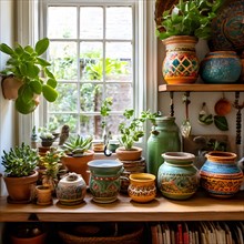 Boho kitchen shelf eclectic mix of colorful ceramic pots hanging cast iron pans shelves adorned, AI