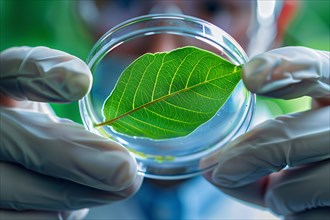 Plant leaf in petri dish held by research scientist in lab. Concept for biotechnology and genetic