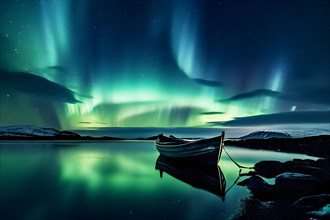 Tranquil waters aurora borealis illuminating the night sky with a one boat on the lake, AI
