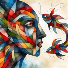 Surreal abstract image of a woman's face with fish, in a cubist style with vibrant colors, square