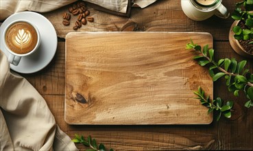 Elegant coffee cup with latte art on a wooden board, rustic table with green leaves AI generated
