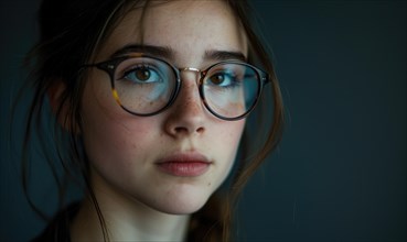 Close-up of a woman's deep gaze through glasses with reflected blue hues AI generated