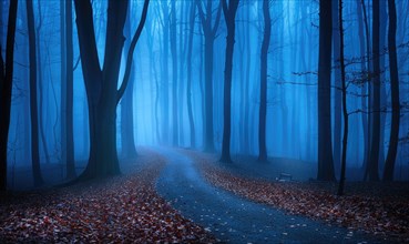 An empty path with benches under a foggy, twilight blue forest canopy AI generated
