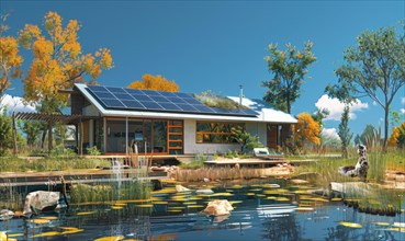 A modern sustainable house with solar panels surrounded by a natural pond AI generated