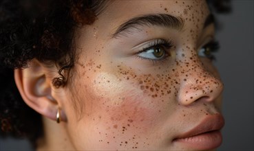 Close-up portrait of a young woman with freckles, projecting simplicity AI generated