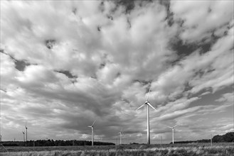 Wind turbines on the A 9 motorway, cloudy sky, Thuringia, Germany, Europe