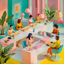 Illustration of a vibrant co-working office space with individuals working on computers, AI