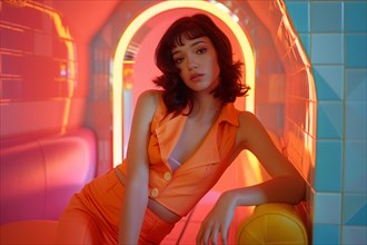 Stylish woman in vibrant orange outfit posing under neon lights, AI generated