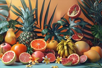 Vibrant still life of various tropical fruits arranged against a backdrop of palm leaves,