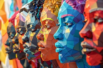 Colorful geometric faces sculpture with a three-dimensional abstract design, illustration, AI