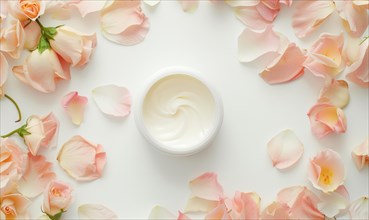 Blank creme jar mockup encircled by pastel flower petals on a white background, top view AI
