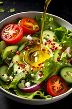 Cascade of salad dressing enhancing a fresh vegetable medley, AI generated