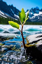 Melting glacier water cascading down its sides single green sapling, AI generated
