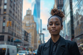 A confident woman in professional attire standing in front of city skyscrapers at dusk, AI