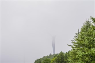 Large electric wind turbine in countryside hidden by heavy morning fog in Gangneung, South Korea,