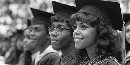 A black and white photo capturing the side profile of african american graduates during a ceremony,