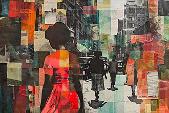 Mixed media collage with a woman's silhouette against a backdrop of colorful urban streets,