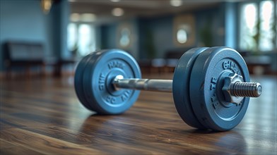 Close-up of a dumbbell on a wooden gym floor with selective focus, AI generated