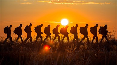Group of hikers in silhouette against the sunrise, with backpacks, AI generated