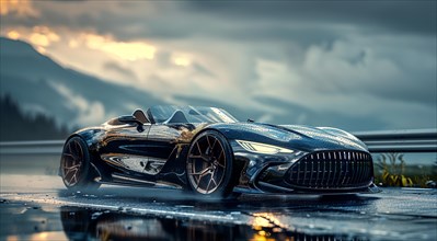 Sleek convertible german design super car parked on a rainy sunset with atmospheric mountains in