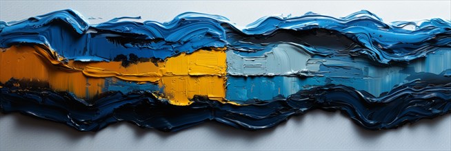 Flowing blue and yellow oil paint with an undulating wave-like texture, banner 3:1 wide style,