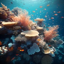 Coral reef juxtaposing patches of bleached coral with vivid marine life, AI generated