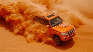 An orange 3x4 pickup truck charges through a desert sandstorm, showcasing power and movement, ai
