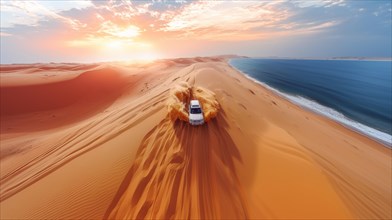 A vehicle drives through vast sand dunes beside the sea at sunset, ai generated, AI generated