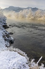 River in the morning light in front of mountains, winter, hoarfrost, Loisach, view of Herzogstand