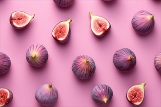 Top view of whole and halved fig fruits on pink background. KI generiert, generiert, AI generated