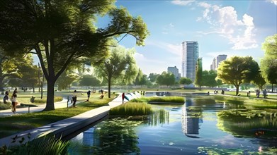 Concept of city park with integrated flood mitigation system water channels and reservoir, AI