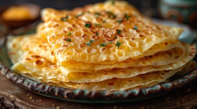 Layered crepes with syrup and sesame seeds, neatly presented on a plate, ai generated, AI generated