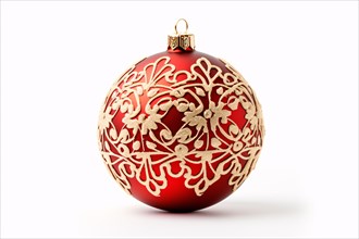Single red and golden Christmas ornament bauble on white background. KI generiert, generiert, AI