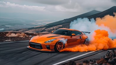 A sports car drifting on a mountain road with dramatic orange smoke in the background, action