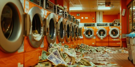 Banknotes scattered on the floor under a row of washing machines in a launderette, symbolic image