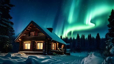 Aurora borealis over traditional wooden cabin, AI generated
