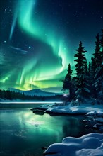 Aurora borealis with-vivid green hues reflecting on ice covered lake, AI generated