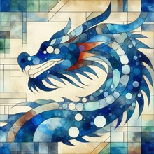 Fluid abstract geometric mosaic of a dynamic dragon in cool blue tones, square aspect, AI generated