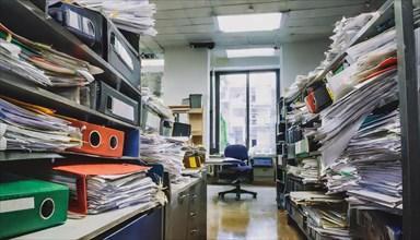 A messy office with cluttered shelves full of papers and documents, symbol bureaucracy, AI