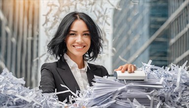 Happy young businesswoman uses a paper shredder in the modern office, symbol bureaucracy, AI