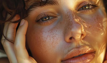 Sun-kissed close-up of a woman with freckles, hands on face, and a tranquil gaze AI generated