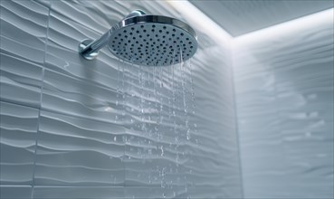 Streams of water fall from a shower head against a textured wall creating a ripple effect AI