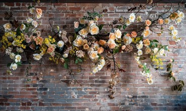 Elegant floral display of yellow flowers and cream roses on a brick wall AI generated