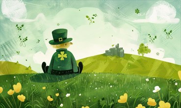 Illustration of a green leprechaun sitting on a grassy hill AI generated