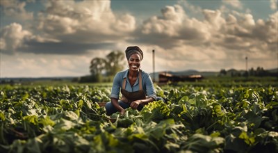 African american happy woman smiling in field harvesting summer vegetables, AI generated