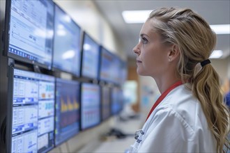 Medical professional intensely observing data on multiple monitors, AI generated