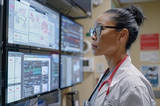 Female healthcare professional concentrating on data across multiple computer screens in a medical