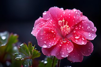 Brightly colored geranium adorned with fresh water droplets from summer rain, AI generated