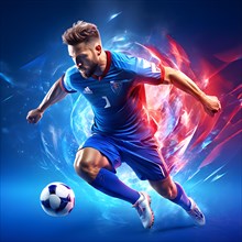 Abstract digital render of a male soccer athlete morphing into fluid shapes, AI generated