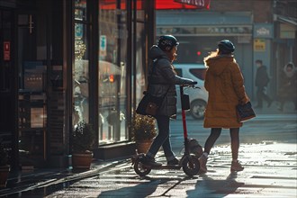 Two people on electric scooters commute in an urban environment with sunlight casting shadows, AI